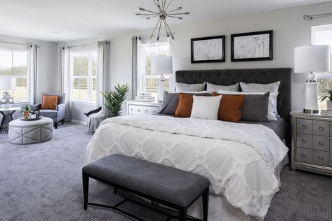 Grey Bedding Ideas, Burnt Orange Bedroom, Burnt Orange Living Room, Amazing Bedroom Designs, Bedroom With Sitting Area, Grey Bedroom Decor, Orange Bedroom, Black And White Living Room, Living Room Orange