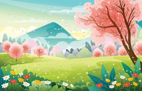 Cherry Blossom in the Spring Season Landscape Blank Id Cards, Cherry Blossom Vector, Bunny Butterfly, Spring Cartoon, City Postcard, Spring Illustration, Beautiful Scenery Photography, Vector Art Design, Scenery Photography