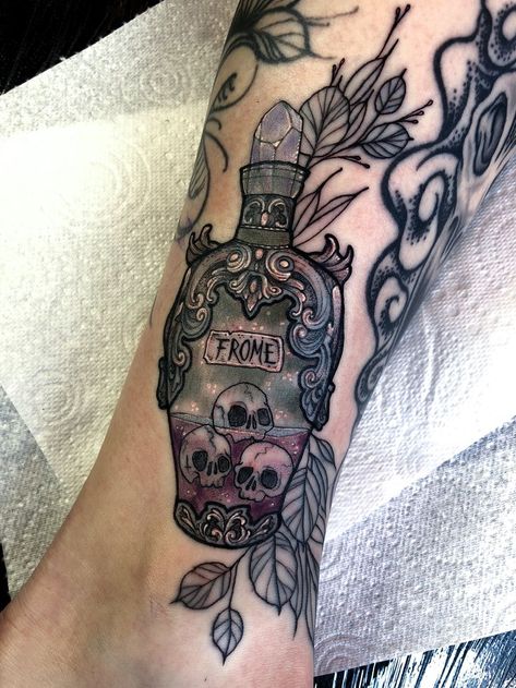 Spell Bottle Tattoo, Love Potion Tattoo, Poison Bottle Tattoo, Potion Bottle Tattoo, Perfume Bottle Tattoo, Potion Tattoo, Poison Tattoo, Frome Somerset, Black Instagram