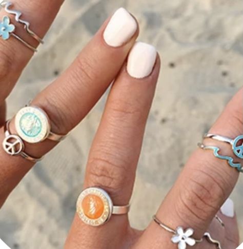 Rings Aesthetic Beachy, Rings Beach Aesthetic, Lexi Hidalgo Rings, Summer Rings Aesthetic, Costal Granddaughter Jewelry, Lexi Hidalgo Jewelry, Summer Affirmations, Beachy Ring, Pretty Stacks