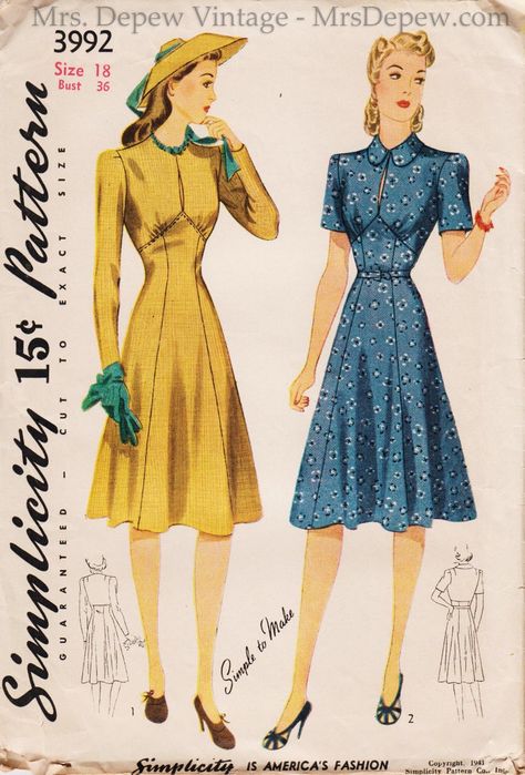 Original Vintage Sewing Pattern Simplicity 3992 Ladies' Tailored Dress 1940s 36 Bust from Mrs. Depew Vintage.