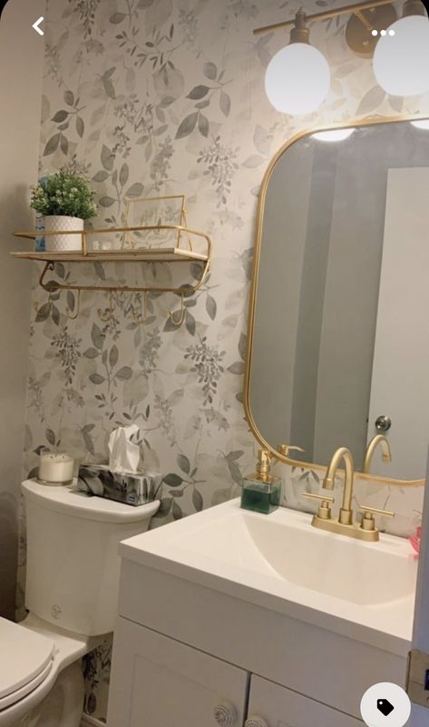 Powder Room Wallpaper Accent Wall Behind Toilet, Tiny Toilet Room Ideas Wallpaper, Wc Wallpaper Ideas, Tiny Bathroom Wallpaper Ideas, Wallpaper Behind Bathroom Mirror, Tiny Bathroom Wallpaper, Peel And Stick Wallpaper Powder Room, Small Bathroom Wallpaper Accent Walls, Powder Room Wallpaper Accent Wall