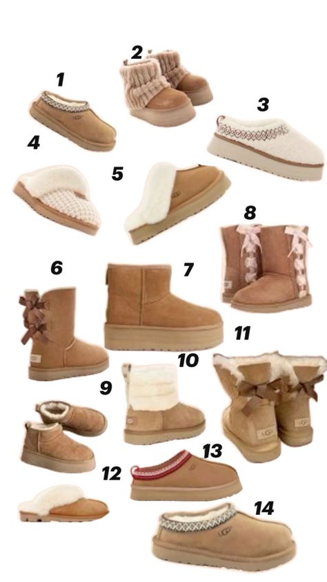 14 images of different shoes from the brand Ugg Ugg Boots Aesthetic, Shoes Collage, Trendy Uggs, Uggs Aesthetic, Fake Uggs, Cute Uggs, Girly Christmas Gifts, Uggs Boots, Pretty Sneakers