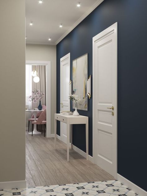 Hall Colour Ideas, Home Wall Colour, Hall Colour, Corridor Design, Dark Blue Walls, Home Hall Design, Interior Design Your Home, Interior House Colors, Sell My House