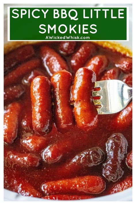 Spicy BBQ Little Smokies are easy appetizers perfect for Game Day parties, holiday get togethers and potlucks. Made in your slow cooker, these crockpot Spicy BBQ Little Smokies are sweet, spicy and the hit of every party! #littlesmokies #slowcookerlittlesmokies #bbqlittlesmokies #hilshirefarmslittlesmokies #slowcookerpartyfood #crockpotsmokies #crockpotpartyfood #slowcookerappetizer via @awickedwhisk1029 Smoked Weiners Lil Smokies, Bbq Weiners Lil Smokies, Spicy Cocktail Weenies, Little Weiners Crockpot, Slow Cooker Party Food, Hor Devours, Lil Smokies Recipes, Bbq Little Smokies, Crockpot Party Food