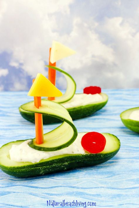 Healthy Cucumber Boat Shaped Snack for Kids, Fun Snacks for Kids, Party food, Beach Recipes, Ocean Theme Party Food, Yummy Summer Recipes for Kids Picnic Food For Kids, Homeschool Snacks, Snacks For Kids Party, Summer Recipes For Kids, Picnic Food Kids, Beach Theme Food, Perfect Picnic Food, Boat Snacks, Vbs Snacks