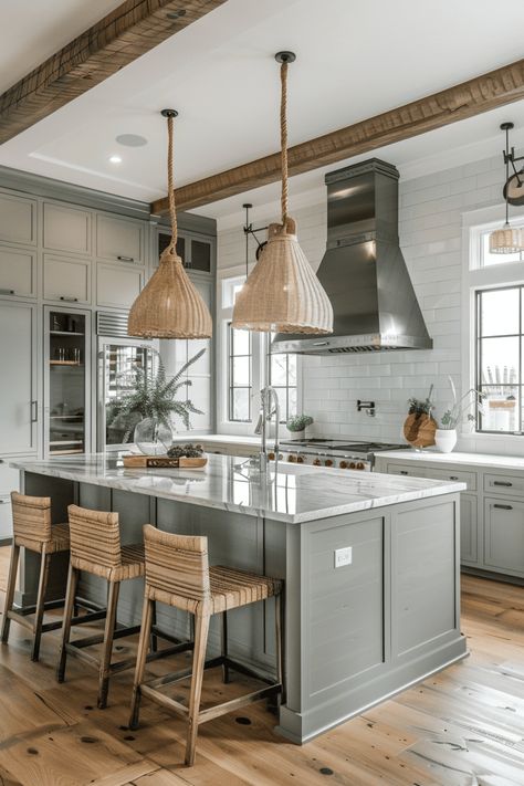 Your ultimate guide to achieving the coastal farmhouse look, from natural wood elements to nautical decor. Rustic Coastal Interior Design, Coastal Wood Kitchen, Coastal Farmhouse Kitchen Design, Beach Kitchens Ideas, Natural Wood Kitchen Island, Coastal Farm House, Coastal Chic Kitchen, Kitchen Faucets Farmhouse, Costal Farmhouse