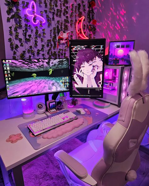 Setup today 👾✨️ Have a great weekend friends! Are you guys doing anything exciting? 👀 🌸 Partners: @doreen.pinkgaming ☁️ @talesofamanda 🌿 @cozyfrappie . . . . #gamingsetup #pcgaming #gamingpc #deskgoals #pcsetup #pcmasterrace #pcbuild #pcgamer #desksetup #girlgamer #gamergirl #cozygamer #desktour #deskdecor #deskorganization #deskstyling #minecraft #minecraftbuilds #cozygamingcommunity #cyberpunk #cyberpunkaesthetic #cybercore Desk goals, desk setup, anime room, gaming pc, desk organization,... Streaming Setup Ideas Aesthetic, Cybercore Desk, Pc Set Up, Couple Gaming Room Setup, Aesthetic Gaming Room, Small Room Setup, Room Gaming, Small Game Rooms, Gaming Desk Setup