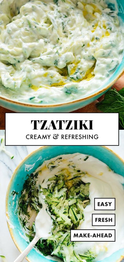 This tzatziki sauce tastes just like your favorite Greek restaurant's! It's easy to make with simple, healthy ingredients: Greek yogurt, cucumber, olive oil, lemon, salt and fresh herbs! #tzatziki #tzatzikisauce #cucumberyogurt #summerrecipe #greekrecipe #cookieandkate Staple Condiments, Greek Sauce, Cucumber Yogurt Sauce, Crisp Salad, Tzatziki Recipes, Salsa Yogurt, Doner Kebab, Sandwich Spread, Yogurt Greco