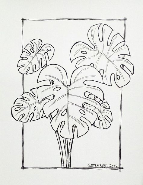 Drawing Monstera Plant, Monstera Plant Art Drawing, Botanical Plants Drawing, Monstera Illustration Drawings, Monteras Plant Drawing, Monstera Plant Line Art, Plant Decor Drawing, Plants Design Drawing, Monstera Plant Tattoo Ideas