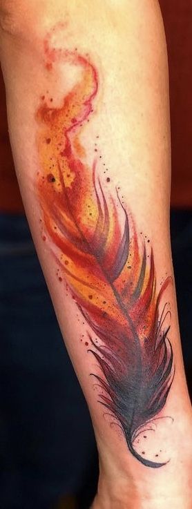 Burning Phoenix Feather Tattoo, Harry Potter Tattoos Phoenix Art, Fire Feather Tattoo, Pheonix Feather Tattoos, Fire Wings Tattoo, Phoenix Feather Tattoo Feminine, Fawkes Tattoo, Phoenix Arm Tattoo, Red Feather Tattoo