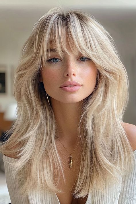 Icy Blonde Feathered Layers with Bangs Long Hair With Feathered Bangs, Blonde Wolf Cut Long, Blonde Balayage With Bangs, Whisky Bangs, Rock Chick Hair, Layers With Bangs, Hairstyles For Seniors, Feathered Layers, Buttery Blonde