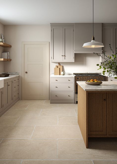 Beige Tiled Floors Kitchen, Kitchen Stone Flooring, Kitchen Light Tile Floor, Flagstone Flooring Kitchen, White Kitchen Beige Tile Floor, Big Tiles Kitchen, Grey Kitchen Beige Walls, Kitchen With Light Tile Floor, Kitchen Beige Tiles