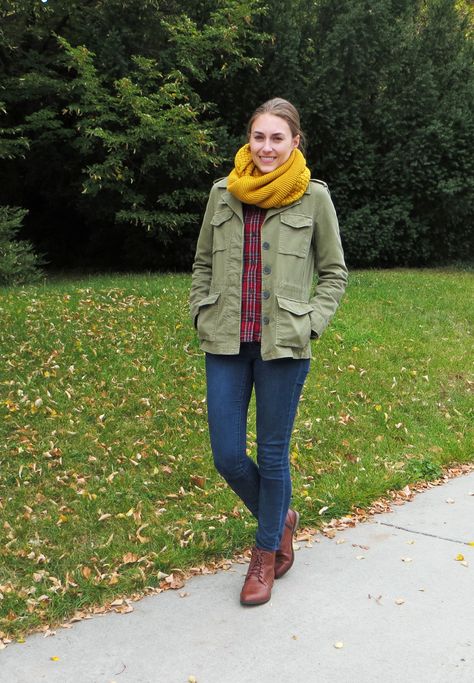 Mustard Scarf, Modcloth Style, Modcloth Style Gallery, Indie Style, Green Utility Jacket, Jeans Brown, Fall Color Palette, Boring Clothes, Cat Hair