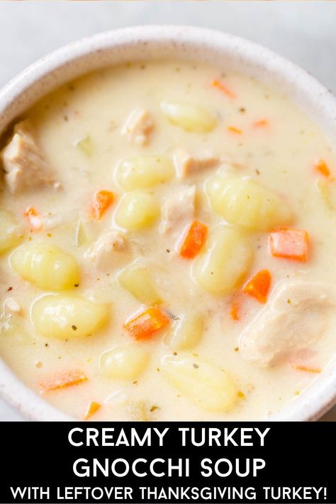 Creamy Turkey Gnocchi Soup is a delicious and cozy soup made with leftover Thanksgiving turkey! It is easy to whip up and is perfect for the day after Thanksgiving. Turkey Gnocchi Soup, Italian Sausage Gnocchi Soup, Turkey Gnocchi, Italian Sausage Gnocchi, Sausage Gnocchi Soup, White Turkey Chili Recipe, Tomato Gnocchi Soup, Creamed Turkey, Leftover Thanksgiving