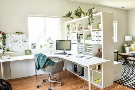 Ikea Home Office Ideas, Kallax Bookshelf, Ikea Home Office, Office Dividers, Ikea Desk Hack, Ikea Office, Home Office Makeover, Ikea Home, Kallax Ikea