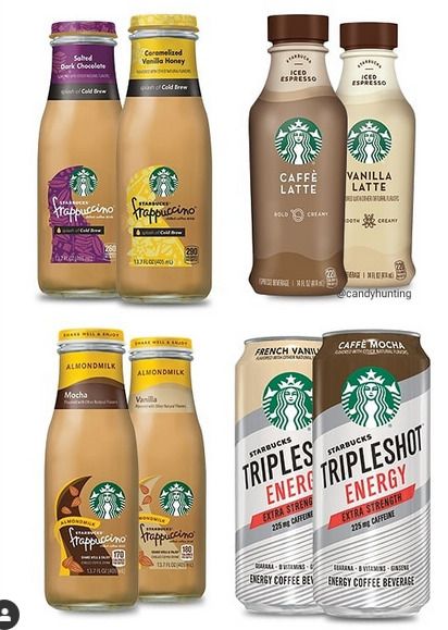 Not one, not two, but NINE (one not pictured) new Starbucks bottled drinks will be out later this month! There's four new bottled Frappuccinos: Salted Dark Chocolate cold brew, Caramelized Vanilla Honey cold brew, Almond Milk Mocha, and Almond Milk Vanilla. There will also be Caffè Latte and Vanilla Latte Iced Espresso. Finally, there is canned TripleShot Energy in Caffè Mocha, French Vanilla, and Caramel. Each has 225 mg of caffeine. Starbucks Bottled Drinks, Almond Milk Starbucks Drink, 85c Bakery, Iced Coffee Bottle, Chocolate Cold Brew, Iced Espresso, Starbucks Malaysia, Bottled Drinks, Starbucks Mocha