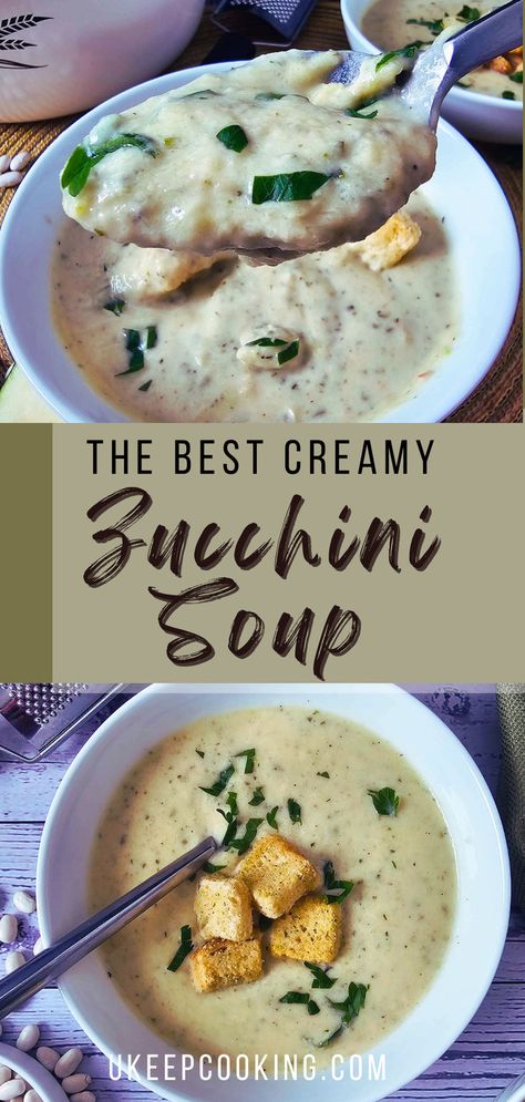 Looking for a delicious and versatile soup? Try The Best Creamy Zucchini Soup! This easy recipe can be modified for any diet, whether vegan, vegetarian, or just looking for something light yet hearty. Made with zucchini, cannellini beans, and a choice of Parmesan or cheddar cheese, it’s a flavorful, creamy soup that’s perfect for any time of the year. Enjoy it as a main dish or a side! Best Vegetarian Soup Recipes Ever, Zucchini Soup Recipes Creamy, Zucchini Soup Vegan, Cream Of Zucchini Soup, Creamy Zucchini Soup, Zucchini Soup Recipes, Creamy Zucchini, Stews Recipes, Fresh Zucchini