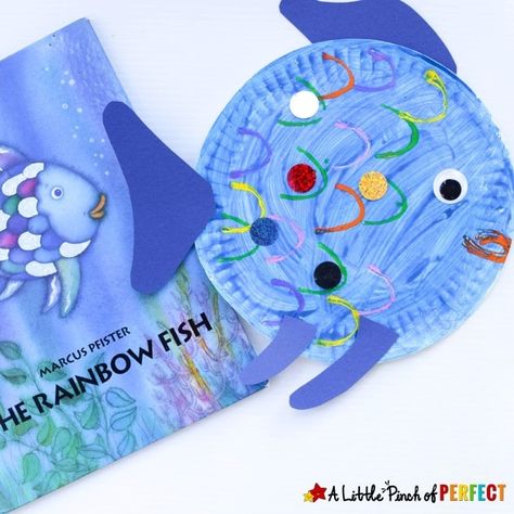 Paper Plate Fish Craft Inspired by The Rainbow Fish - A Little Pinch of Perfect Rainbow Fish Craft, Ocean Kids Crafts, Fun Preschool Crafts, Rainbow Fish Crafts, Paper Plate Fish, Ocean Theme Crafts, The Rainbow Fish, Ocean Animal Crafts, Ocean Theme Preschool