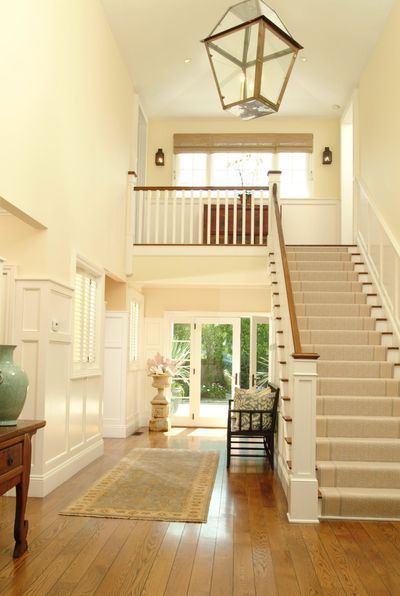 Cream #entry #foyer #stairs #steps #home #pendant #lamp #neutral Cream Entryway, Stairs Foyer, Stairs In Entry, Entryway Layout, Foyer With Stairs, Foyer Stairs, Entryway Stairs, Foyer Design, Foyer Decorating