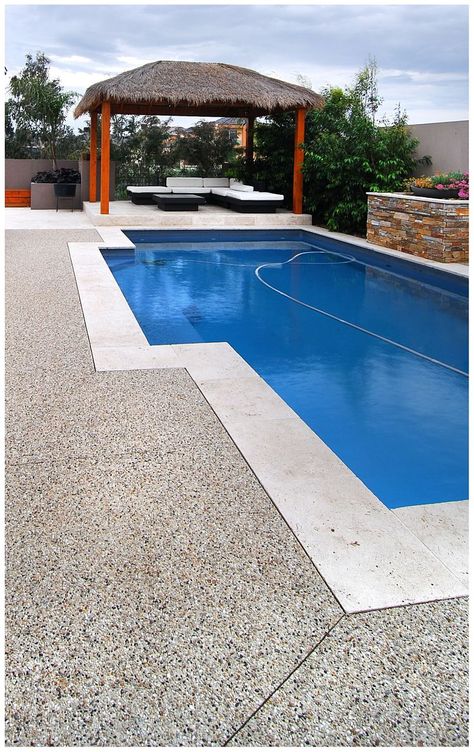 Pool With Aggregate Concrete, Pool Tile Colors, Pool Surround Ideas, Pool Goals, Pool Surround, Pool Surrounds, Pool Paving, Backyard Pool Design, Deck Piscina