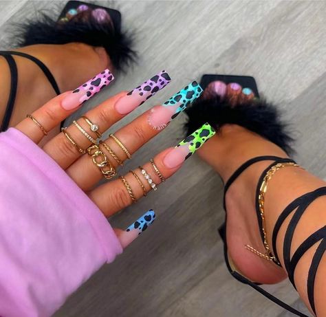 YOSOMK Colorful Long Press on Nails with Cow Print False Fake Nails Acrylic Nails Press On Artificial Nails French Coffin, Ballerina Acrylic Nails, Long Press On Nails, Purple Gradient, Coffin Press On Nails, Nail Forms, Stick On Nails, Nail Art Hacks, Rhinestone Designs