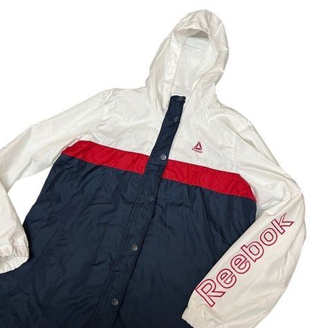 Brand New With Tags Feel Free To Ask Any Questions Reebok Women’s Xl Windbreaker Logo Red White Blue Hoodie Snap Button. Puffer Trench Coat, Reebok Windbreaker, White Reebok, Black Reebok, Blue And White Style, Reebok Women, Womens Reebok, Blue Hoodie, Trench Coats