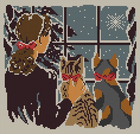 Alpha Patterns Crochet Blanket, Alpha Patterns Cat, Cat Alpha Pattern, Cool Cross Stitch Patterns, Snow Window, Pixel Grid, Night Pattern, Holiday Cross Stitch Patterns, Cross Stitch Quotes