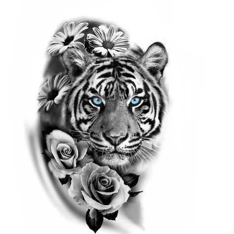 Tiger With Flowers Tattoo Design, White Tiger Hip Tattoo, White Tiger Tattoo Design, Tiger And Flowers Tattoo Design, Tiger With Roses Tattoo, White Tiger Tattoo For Women, Tiger And Flower Tattoo, Tiger Tattoo With Flowers, Female Tiger Tattoo