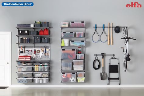 Shop our Elfa Garage Solutions and make the most of your space! (Shown: Elfa Classic 4' Platinum Garage, Classic 3' Platinum Garage Shelving, Platinum Utility Track w/ 6 Hooks, and Platinum Utility Track w/ 3 Hooks) Shed Gym Ideas, Organizing A Garage, Elfa Garage, Shed Gym, Garage Utility Room, New Home Organization, Custom Closet Shelving, Closet Storage Organization, Vacuum Cleaner Storage