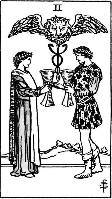 Love, passion, friendship, affinity, union, concord, sympathy, the interrelation of the sexes, and--as a suggestion apart from all offices of divination--that desire which is not in Nature, but by which Nature is sanctified. Two Of Cups Tarot, Tarot Waite, Two Of Cups, Cup Tattoo, Tarot Tattoo, Cups Tarot, Fortune Telling Cards, Inner Harmony, Cool Chest Tattoos