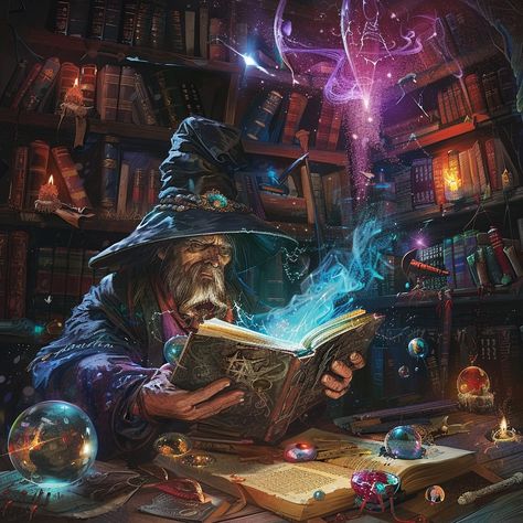 Wizard Reading Spellbook: An ancient wizard deeply engrossed in a magical spellbook surrounded by mystic orbs and glimmering candles. #wizard #magic #spellbook #candles #orbs #aiart #aiphoto #stockcake ⬇️ Download and 📝 Prompt 👉 https://ayr.app/l/fXNG Ancient Wizard, Wizard With Orb, Wizard With Spellbook, Crazy Wizard Art, Mystical Wizard Art, Ancient Wizard Fantasy Art, Horse Cartoon, City Cartoon, Fairytale Fantasy