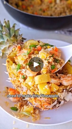 707 reactions · 39 shares | PINEAPPLE FRIED RICE 🍍 served in a pineapple boat. 
🎥 & recipe by @onehappybite ©️

➡️Follow @asianfoodsdaily for more asian meal inspo👌

Ingredients:
2 cups cooked cold rice (1 day old rice)
Fresh pineapple, diced
3 large eggs, separate egg yolk from egg white
0.5 lb shrimp
3 clove garlic, minced
1 cup frozen or fresh vegetables
3 tbsp soy sauce
2 tbsp fish sauce
1/2 tsp salt
1/2 tsp white pepper
green onion for garnish

Directions:
1. First, separate egg yolks from egg whites. In a large bowl, mix egg yolks and cold rice together. Set it aside.
2. In a cooking pan or wok, add diced pineapples and cook until the juice has dissolved. Set it aside.
3. In the same cooking pan, add oil. Add garlic and cooking for 1 minute, or until fragrant. Add shrimp, and cook Diced Pineapples, Pineapple Boats, Soy Sauce Fish, Pineapple Fried Rice Recipe, Chinese Fried Rice, Vegetables And Rice, Pineapple Fried Rice, Cooking For 1, Asian Food Recipes