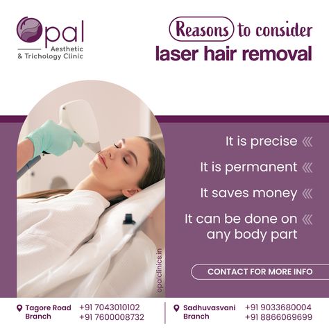 🌟 Discover the Benefits of Laser Hair Removal! 🌟 Say goodbye to the endless cycle of shaving, waxing, and plucking! 😱 Laser hair removal at its finest awaits you at our clinic. 💁‍♀️ Book your laser hair removal session today and #UnleashYourConfidence! ✨ Opal Clinic Rajkot, Gujarat #LaserHairRemoval #SmoothSkin #PermanentResults #NoMoreShaving #SilkySmoothSkin #SelfCare #OpalClinic Facial Aesthetics, Aesthetic Clinic, Laser Hair, Laser Hair Removal, Cool Art Drawings, The Endless, Plastic Surgery, Smooth Skin, Hair Removal