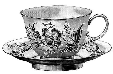 Tea cup and saucer with flower design Free Vintage Antique Illustration Tea Cup Drawing, Teacup Tattoo, Cup Tattoo, Antique Illustration, Clip Art Vintage, Vintage Teacups, Antique Tea, Tea Art, Tea Cups Vintage