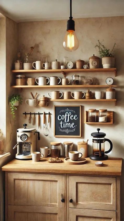 Corner Shelves For Coffee Bar, Coffee Shop Shelf Decor, Boho Coffee Corner, Coffee Station Living Room, Cozy Coffee Bar Inspiration, Cottagecore Coffee Bar, In Home Coffee Bar, Coffee Bar Apartment, Vintage Coffee Bar Ideas