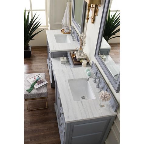 James Martin Vanities De Soto 94 in. W Double Vanity in Silver Gray with Soild Surface Vanity Top in Arctic Fall with White Basin-825V94SLAF - The Home Depot Bathroom Vanity With Makeup Counter, 60 Inch Double Vanity, Luxury Vanity, Bathroom Stuff, Wood Backsplash, Double Vanity Bathroom, Double Sink Bathroom, Vanity Countertop, James Martin