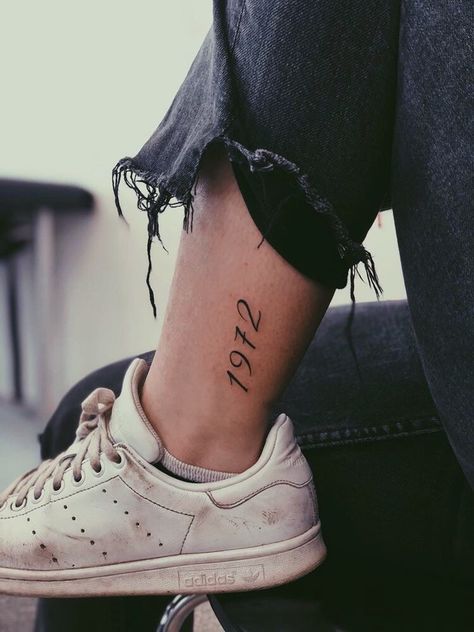 Ankle Year Tattoo, Year Tattoo On Ankle, Year Tattoo Number Ankle, Cursive Numbers Tattoo, Year Ankle Tattoo, Year Tattoo Number Leg, 1970 Tattoo, 1972 Tattoo, 1976 Tattoo