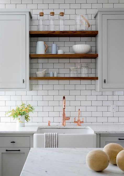 Farmhouse Kitchen Cabinet Decor, Modern Farmhouse Kitchen Cabinets, Kitchen Sink Decor, Storage Doors, Subway Backsplash, Above Sink, Kitchen Sink Design, Gray And White Kitchen, Kabinet Dapur