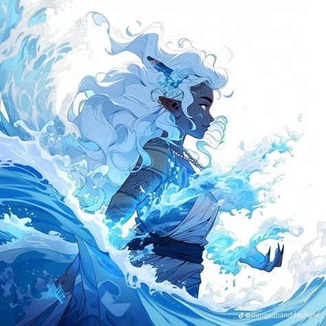 Water Inspired Character Design, Anime Water Spirit, Water Element Character Design, Water Element Character, Goddess Of Water Fantasy Art, Water God Character Design, Water Goddess Character Design, Water Dragon Character Design, Water People Character Design