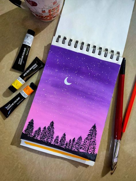 Gouche Painting Beginners, Gouache Art For Beginners, Art Painting Tutorial, Sunset Canvas Painting, Gouache Color, Purple Painting, Mixing Colors, Artwork Inspiration, Easy Canvas