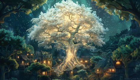 Big white magical tree in the town center of a green wood elf town in a lush forest, made out of Opal, fantasy art style --v 6 Big Tree Fantasy Art, Forest Town Fantasy Art, Magic Tree Concept Art, Fantasy Forest Landscape Concept Art, Forest Kingdom Fantasy Art, Fantasy Locations Art, Magical Forest Fantasy Art, Fantasy Landscape Aesthetic, Wood Elf City