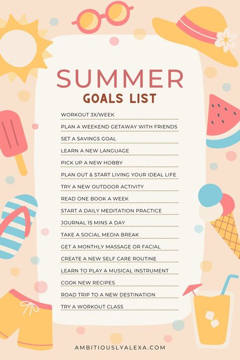 summer goals Summer Vison Boards Ideas, Goals With Boyfriend, Summer Goals With Boyfriend, Goals To Better Yourself, Goals For College Students, Goals List Template, Goals For Teens, Summer Productivity, Summer Goals List