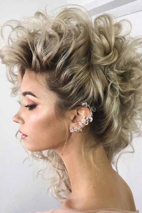 pinterest wedding hairstyles side updo with curls on blonde medium hair lenabogucharskaya Curly Side Swept Hairstyles Wedding, Curly Side Updo, Curly Hair Mohawk Updo, Side Ponytails Hairstyles, Curly Faux Hawk Updo, Curly Hair Side Hairstyles, Side Burns Women Long Hair, Side Comb Hairstyle Curly Hair, Wild Curly Hairstyles