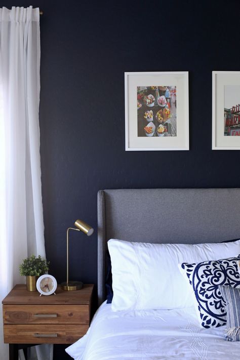 . Naval Sw 6244, Navy Bedroom Walls, Sherwin Williams Naval, Dark Blue Bedroom Walls, Bedroom Ideas Minimalist, Dark Blue Bedrooms, Blue Bedroom Walls, Navy Walls, Light Decor