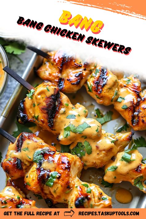 Discover the mouthwatering flavors of Bang Bang Chicken Skewers! This delicious recipe features tender chicken marinated in a savory and spicy sauce, then grilled to perfection. Perfect for your next barbecue or as a flavorful appetizer, these skewers are easy to make and sure to impress your guests. Serve them with a drizzle of creamy sauce and fresh herbs for an irresistible twist. Pin this recipe for a crowd-pleasing dish that combines convenience and gourmet taste! Easy Skewer Appetizers, Pasta Skewers, Chicken Skewers Grilled, Bang Bang Chicken Skewers, Bang Bang Chicken, Chicken Skewer Recipe, Grilled Chicken Skewers, Yogurt Chicken, Skewer Appetizers