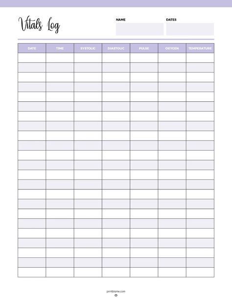 A Printable Vitals Log with sections to record date, time, systolic and diastolic blood pressure, pulse, oxygen levels, and temperature. Vital Signs Chart, Systolic And Diastolic, Essential Oil Chart, Medical Binder, Caregiver Resources, Life Binder, Record Keeping, Anatomy Study, Vital Signs