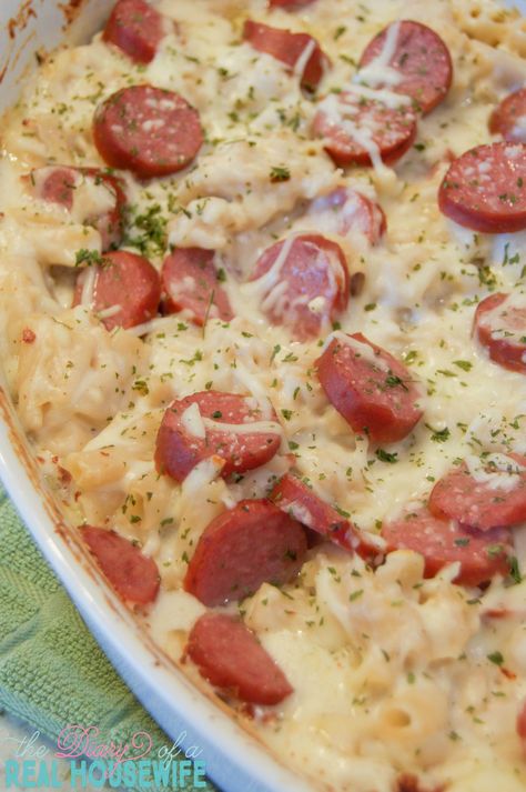 easy-kielbasa-alfredo-bake-the-best-dinner-recipe-idea-so-good-and-so-easy-to-make - The Diary of a Real Housewife Kielbasa Alfredo, Kalbasa Recipes, Kielbasa Dinner, Kielbasa Pasta, Delish Dinners, How To Cook Kielbasa, Slow Cooker Kielbasa, Alfredo Bake, Kielbasa Recipes