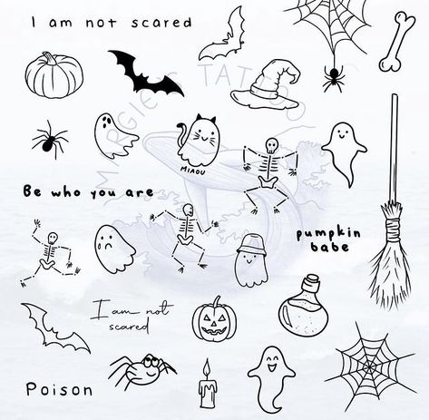 Tiny Halloween Tattoo Flash, Halloween Fine Line Tattoo, Printable Nail Art Practice Sheet, Halloween Tattoo Flash, Cute Halloween Drawings, Cute Halloween Tattoos, Tiny Flower Tattoos, Tato Minimal, Halloween Doodles