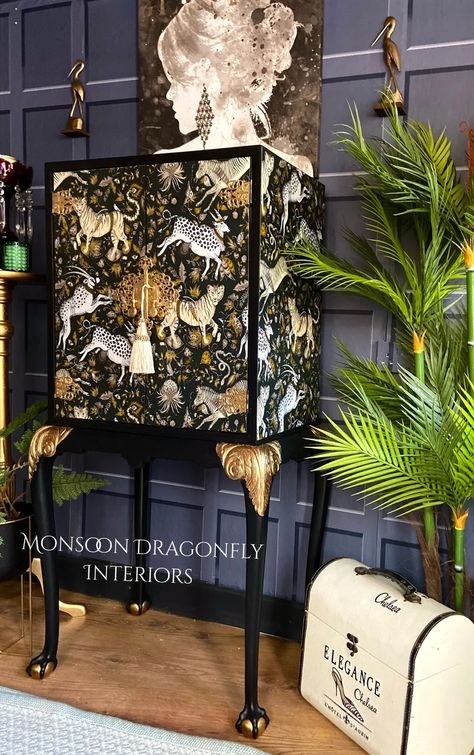 Emma Shiply Wallpaper on Ball & Claw Cocktail Drinks Cabinet | Etsy Noir Decor, Art Deco Mood Board, Antique French Desk, Quirky Furniture, French Desk, Pretty Furniture, Random Products, Gothic Bedroom, Painted Cabinet